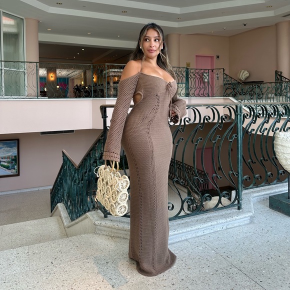 Babyboo Fashion Dresses & Skirts - Off-Shoulder Brown Crochet Maxi Dress
